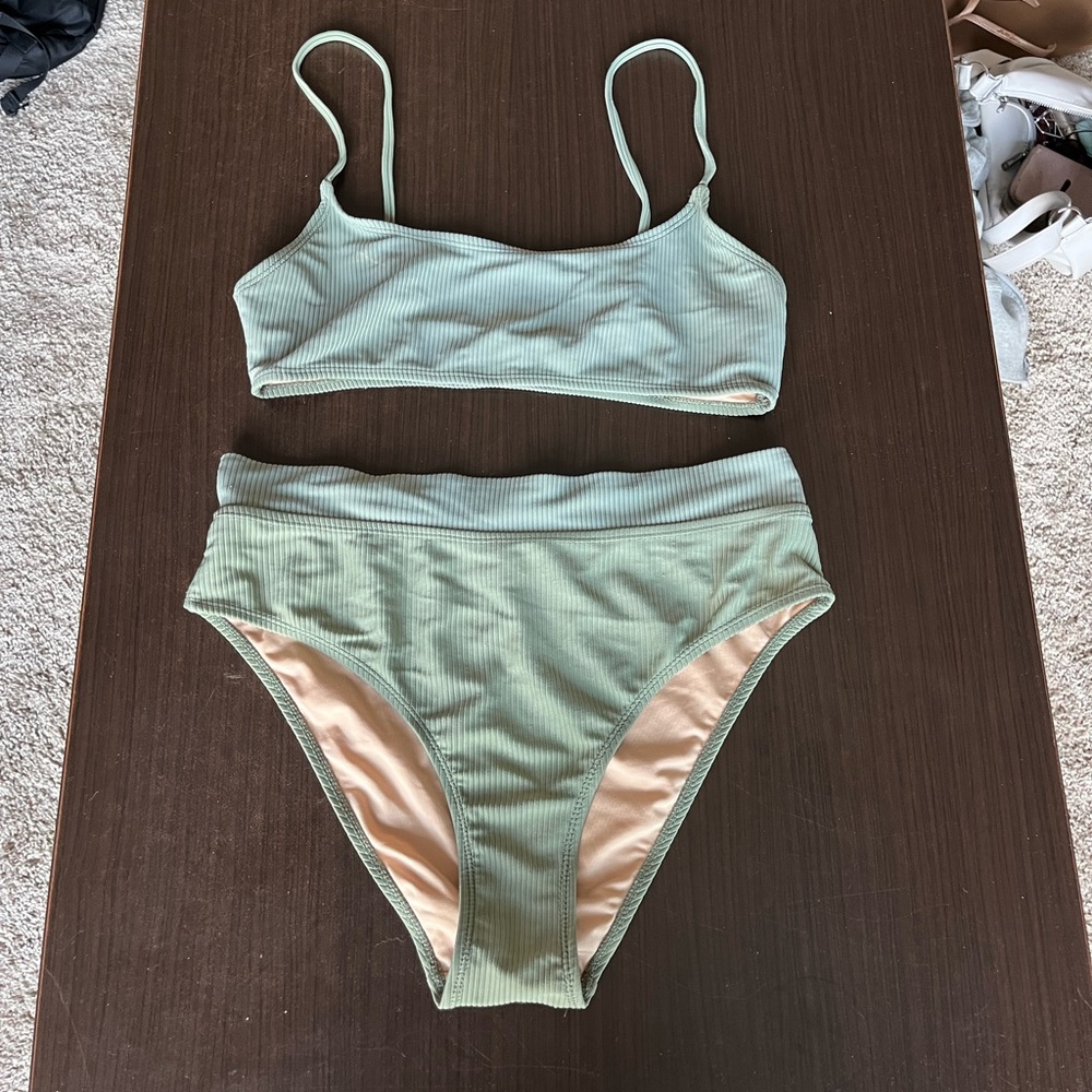 Cotton On Green Bathing Suit Bikini Ribbed Jigh Waist Bottoms Scoop Neck